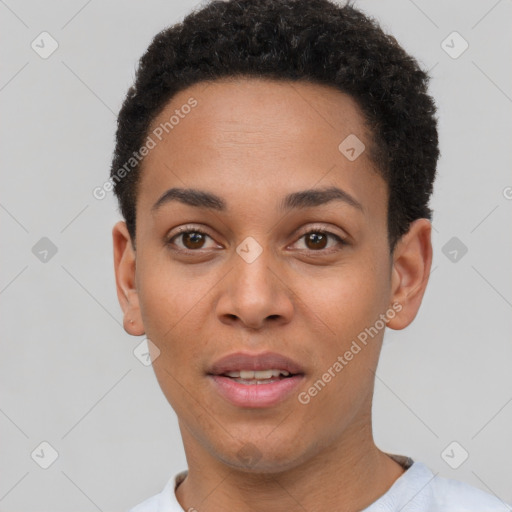 Joyful white young-adult female with short  black hair and brown eyes