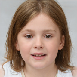 Joyful white child female with medium  brown hair and brown eyes