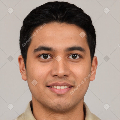 Joyful latino young-adult male with short  black hair and brown eyes