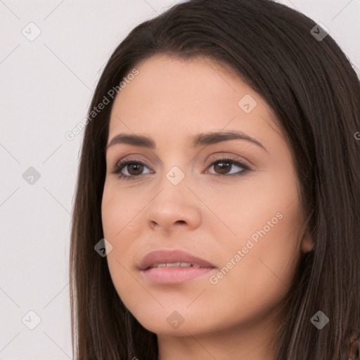 Neutral white young-adult female with long  brown hair and brown eyes