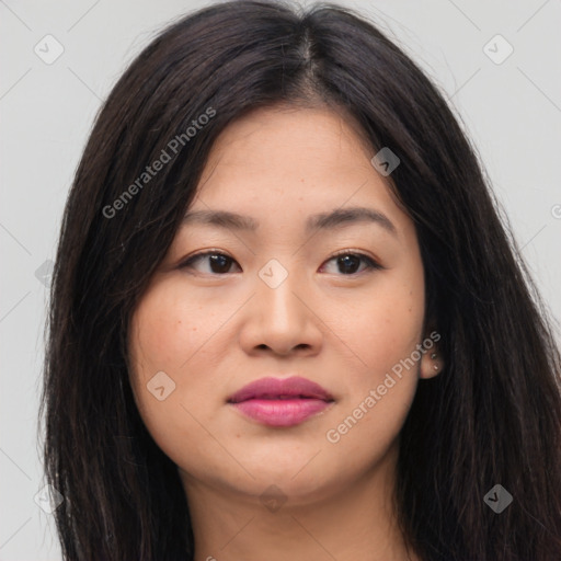 Joyful asian young-adult female with long  brown hair and brown eyes