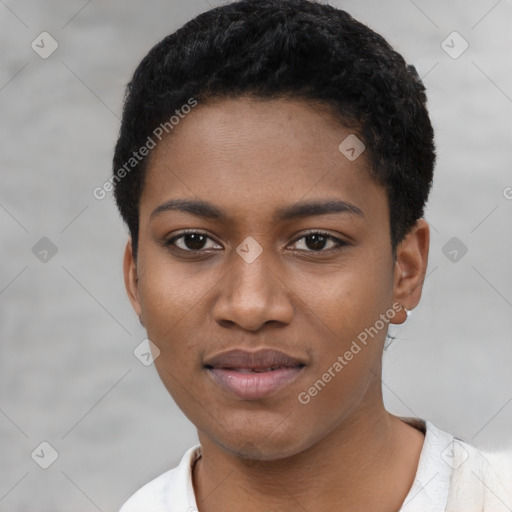 Joyful black young-adult female with short  black hair and brown eyes