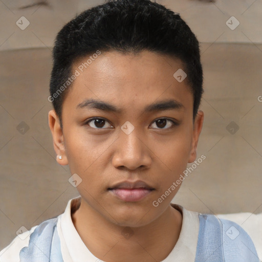 Neutral latino young-adult male with short  black hair and brown eyes