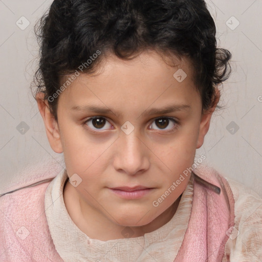 Joyful white child female with short  brown hair and brown eyes