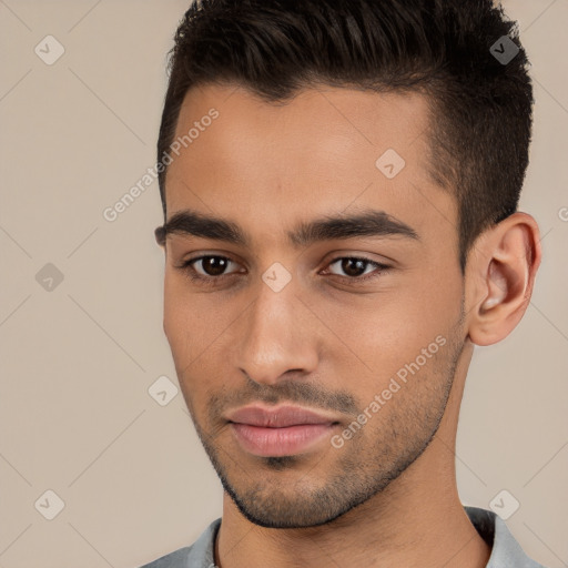 Neutral white young-adult male with short  brown hair and brown eyes