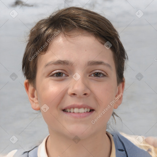 Joyful white child female with short  brown hair and brown eyes