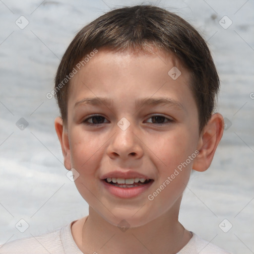 Joyful white child male with short  brown hair and brown eyes