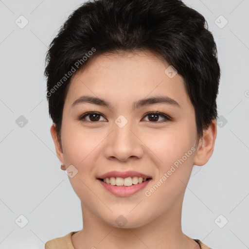 Joyful asian young-adult female with short  brown hair and brown eyes