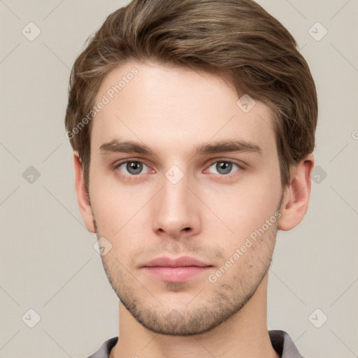 Neutral white young-adult male with short  brown hair and grey eyes