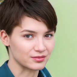 Neutral white young-adult female with short  brown hair and brown eyes