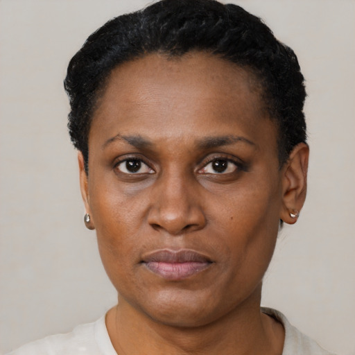 Neutral black adult female with short  black hair and brown eyes