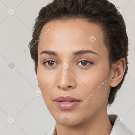 Neutral white young-adult female with short  brown hair and brown eyes