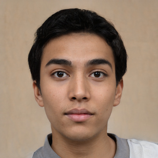 Neutral asian young-adult male with short  black hair and brown eyes