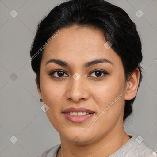 Joyful asian young-adult female with medium  brown hair and brown eyes