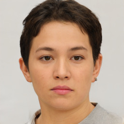 Neutral white young-adult female with short  brown hair and brown eyes