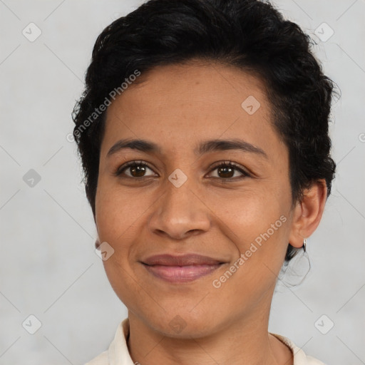 Joyful latino young-adult female with short  brown hair and brown eyes