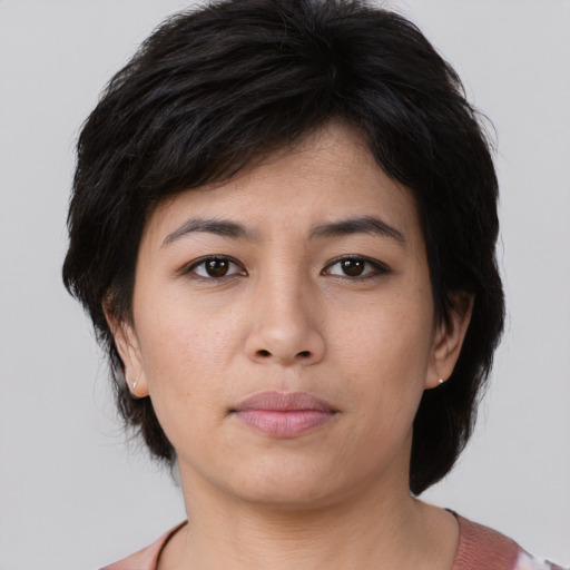 Neutral asian young-adult female with medium  brown hair and brown eyes