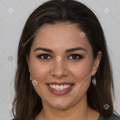 Joyful white young-adult female with long  brown hair and brown eyes