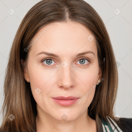 Neutral white young-adult female with long  brown hair and grey eyes