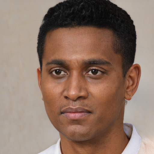 Neutral black young-adult male with short  black hair and brown eyes
