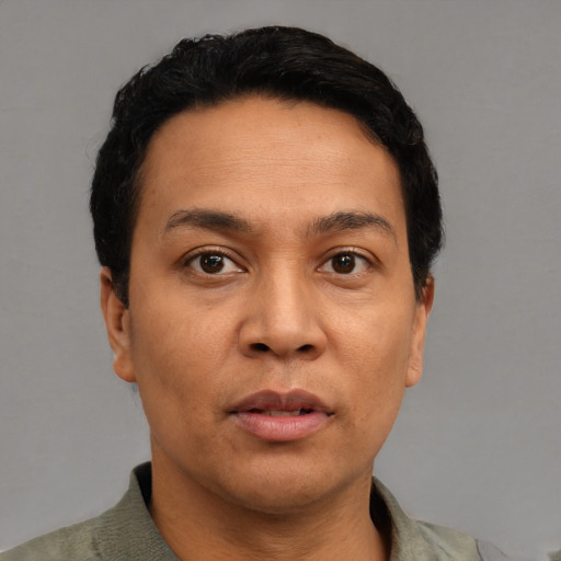 Neutral asian adult male with short  black hair and brown eyes