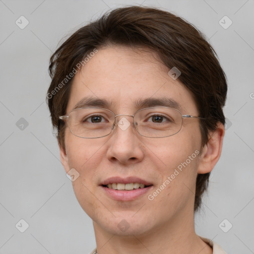 Joyful white adult female with short  brown hair and grey eyes