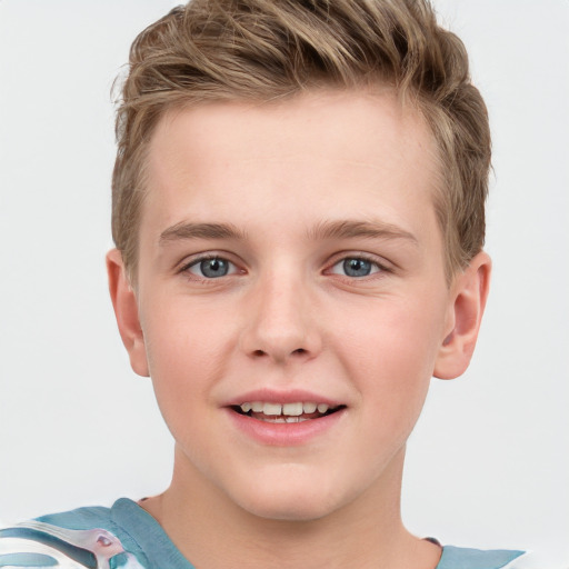 Joyful white child male with short  brown hair and grey eyes