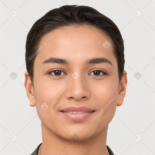 Joyful white young-adult female with short  brown hair and brown eyes