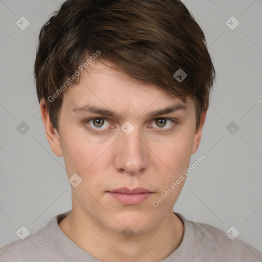 Neutral white young-adult male with short  brown hair and grey eyes