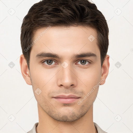 Neutral white young-adult male with short  brown hair and brown eyes