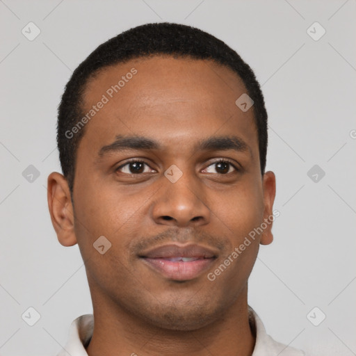 Neutral black young-adult male with short  black hair and brown eyes