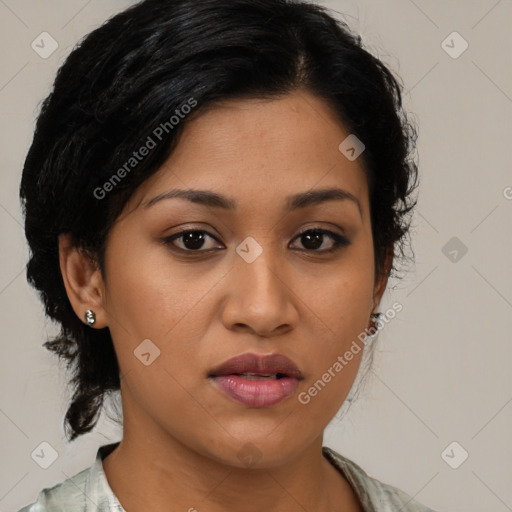 Joyful latino young-adult female with medium  black hair and brown eyes