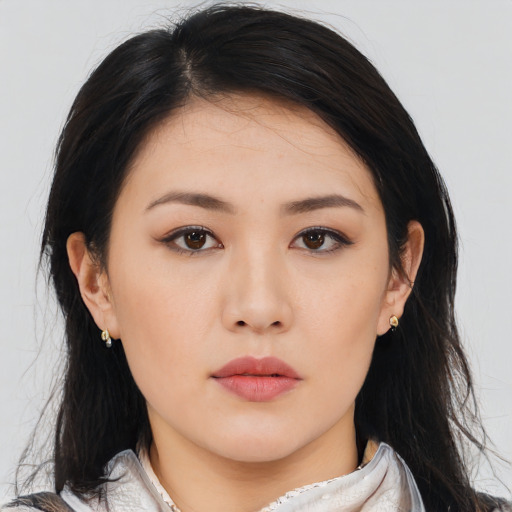 Neutral asian young-adult female with medium  black hair and brown eyes
