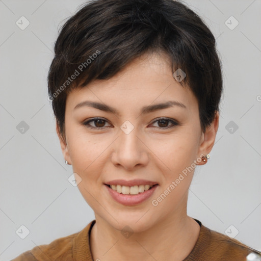 Joyful asian young-adult female with short  brown hair and brown eyes