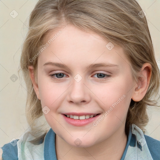 Joyful white child female with medium  brown hair and blue eyes