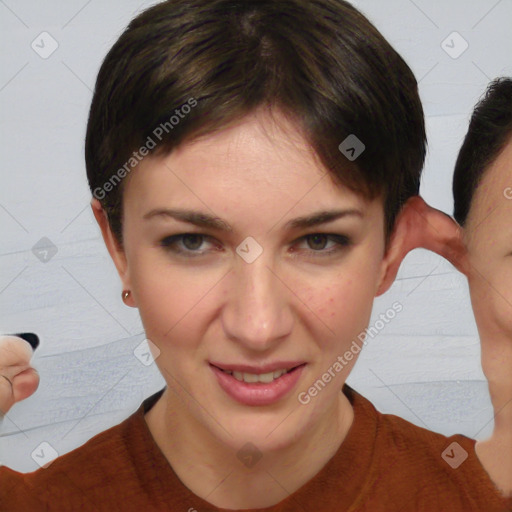 Joyful white young-adult female with short  brown hair and brown eyes