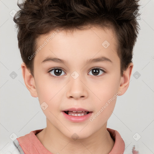 Joyful white child male with short  brown hair and brown eyes