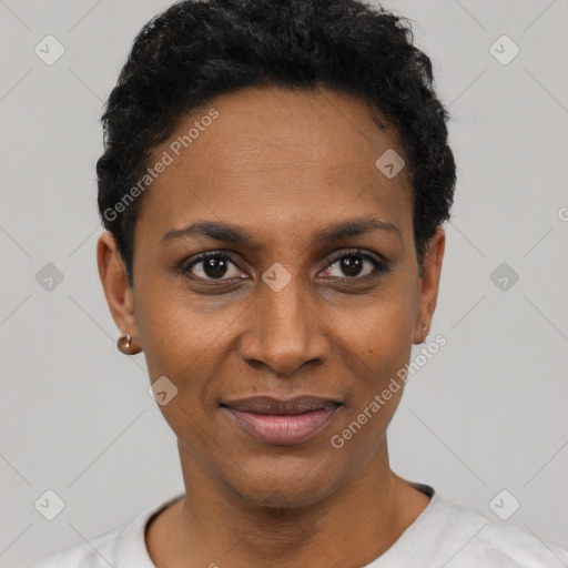 Joyful black young-adult female with short  black hair and brown eyes