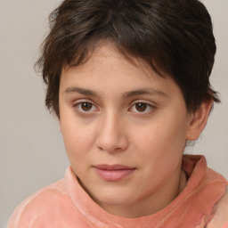 Neutral white young-adult female with short  brown hair and brown eyes