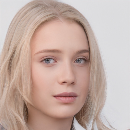 Neutral white young-adult female with long  blond hair and blue eyes