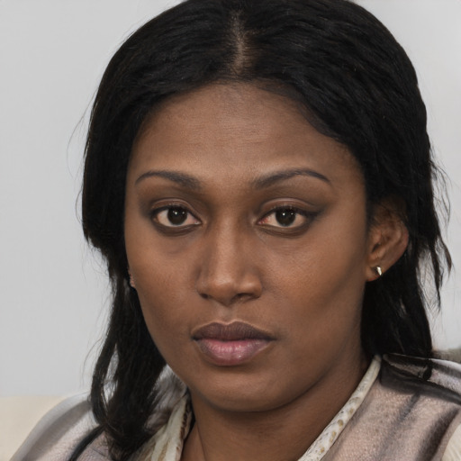 Neutral black young-adult female with long  black hair and brown eyes