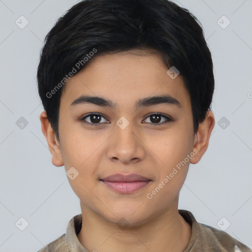 Joyful asian young-adult female with short  black hair and brown eyes