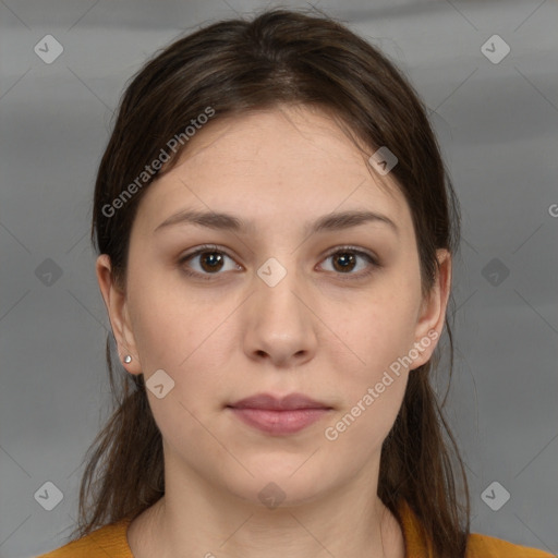 Neutral white young-adult female with medium  brown hair and brown eyes