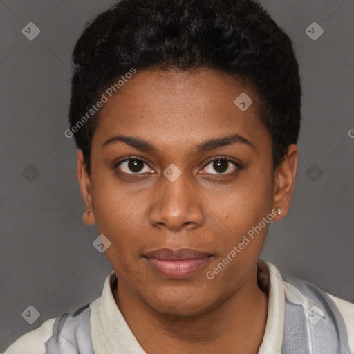 Neutral black young-adult female with short  black hair and brown eyes