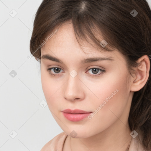 Neutral white young-adult female with medium  brown hair and brown eyes