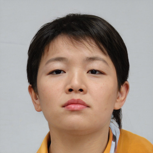 Neutral asian young-adult female with short  brown hair and brown eyes