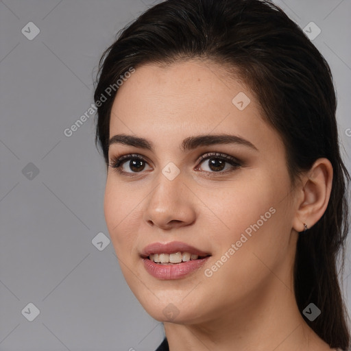 Joyful white young-adult female with medium  brown hair and brown eyes