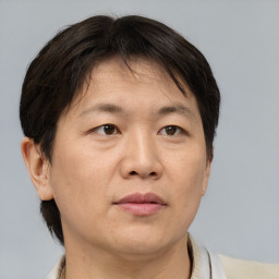 Neutral asian adult male with short  brown hair and brown eyes