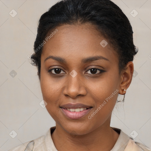 Joyful latino young-adult female with short  brown hair and brown eyes