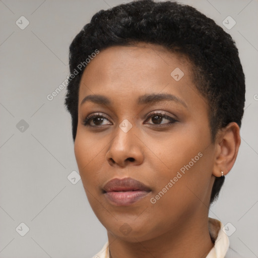 Neutral black young-adult female with short  black hair and brown eyes